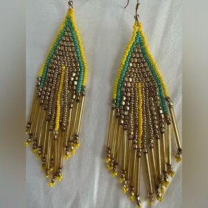 Beaded turquoise yellow gold geometric statement earrings